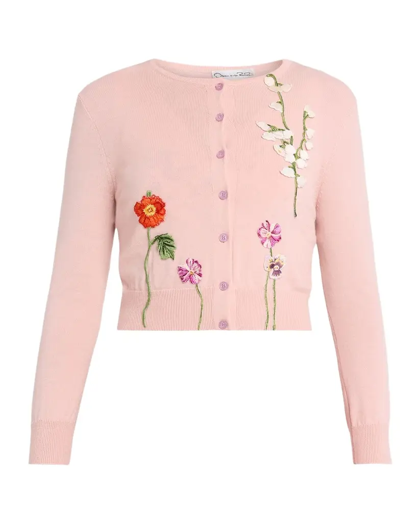 Oscar de la Renta Mixed Botanical Embroidered Crewneck Cardigan | Image 1 Oscar de la Renta Mixed Botanical Embroidered Crewneck Cardigan | Image 1