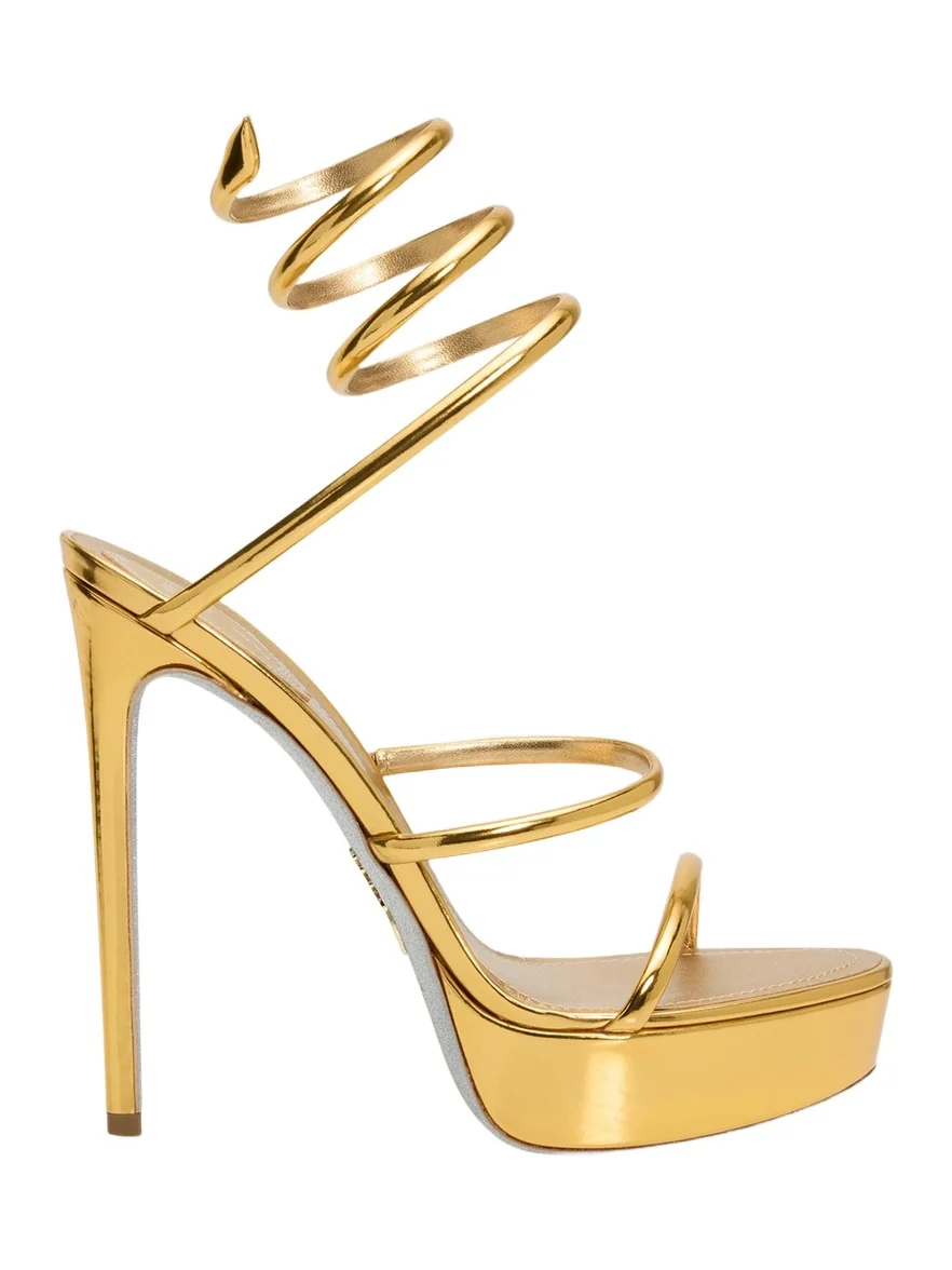 130mm Metallic Leather Platform Snake-Wrap Sandals