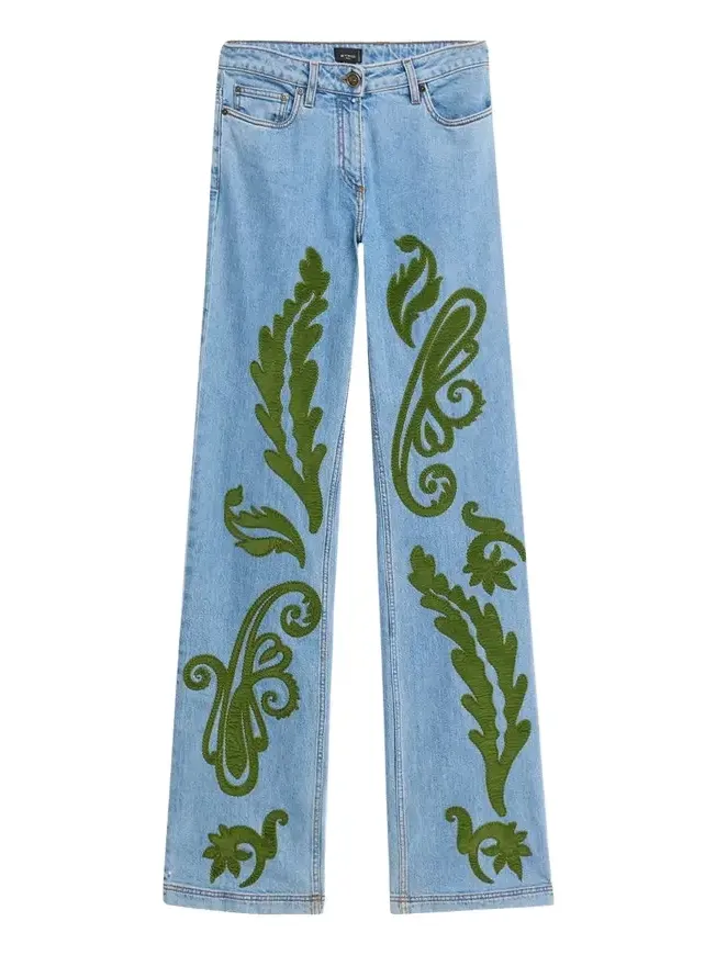 Paisley-Print Denim Straight-Leg Jeans