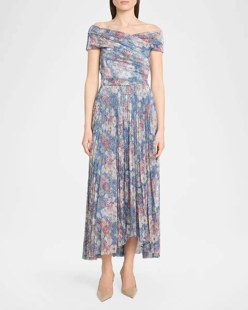 Talbot Runhof Off-The-Shoulder Metallic Floral Voile Pleated Midi Cocktail Dress | Thumbnail 2 Talbot Runhof Off-The-Shoulder Metallic Floral Voile Pleated Midi Cocktail Dress | Thumbnail 2