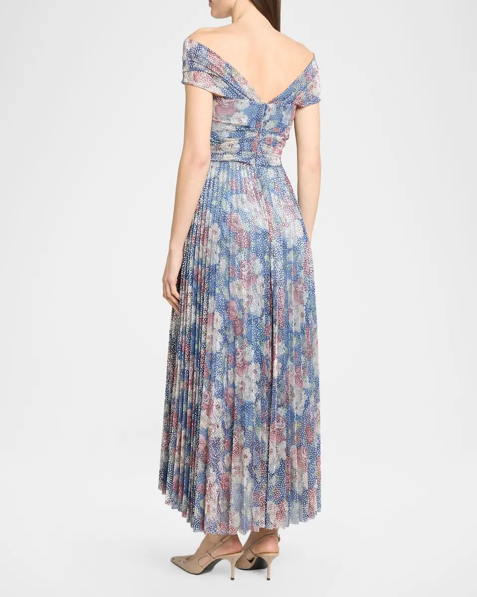 Talbot Runhof Off-The-Shoulder Metallic Floral Voile Pleated Midi Cocktail Dress | Thumbnail 3 Talbot Runhof Off-The-Shoulder Metallic Floral Voile Pleated Midi Cocktail Dress | Thumbnail 3