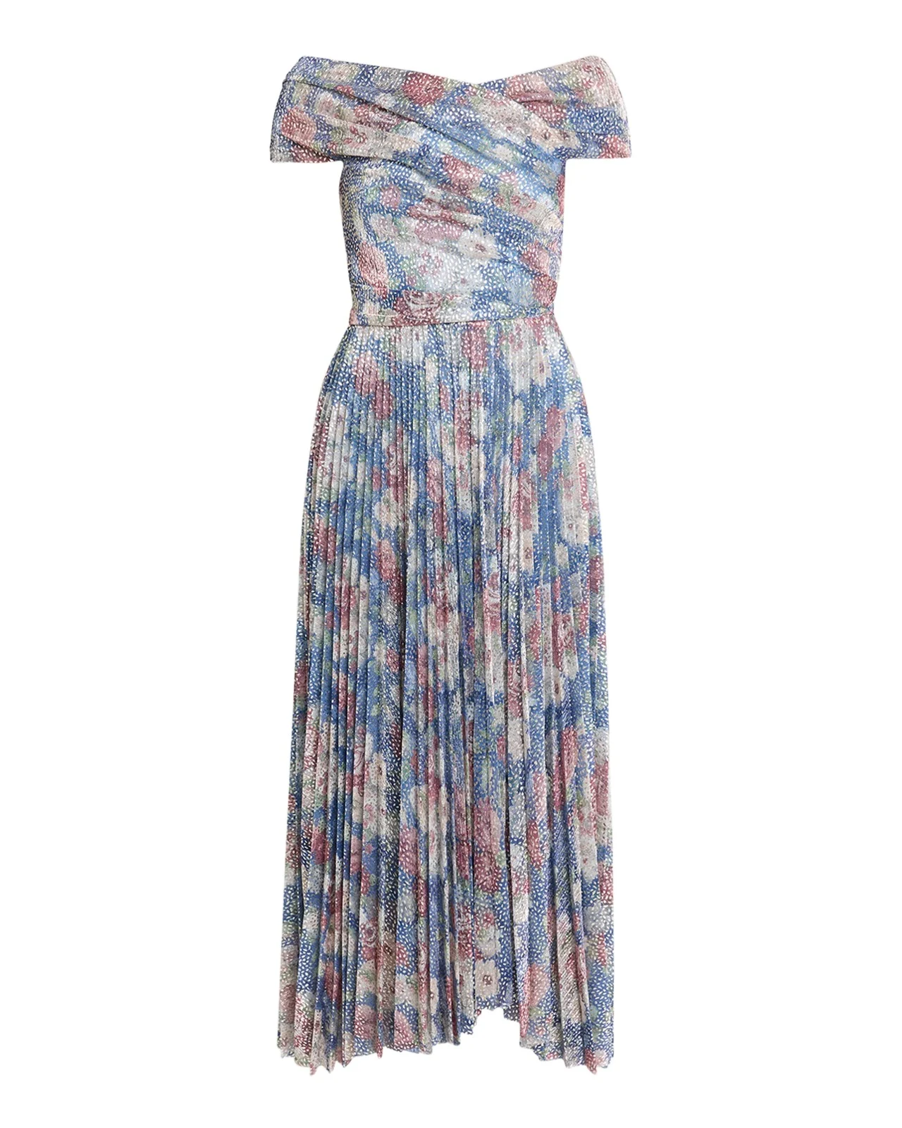 Off-The-Shoulder Metallic Floral Voile Pleated Midi Cocktail Dress Off-The-Shoulder Metallic Floral Voile Pleated Midi Cocktail Dress
