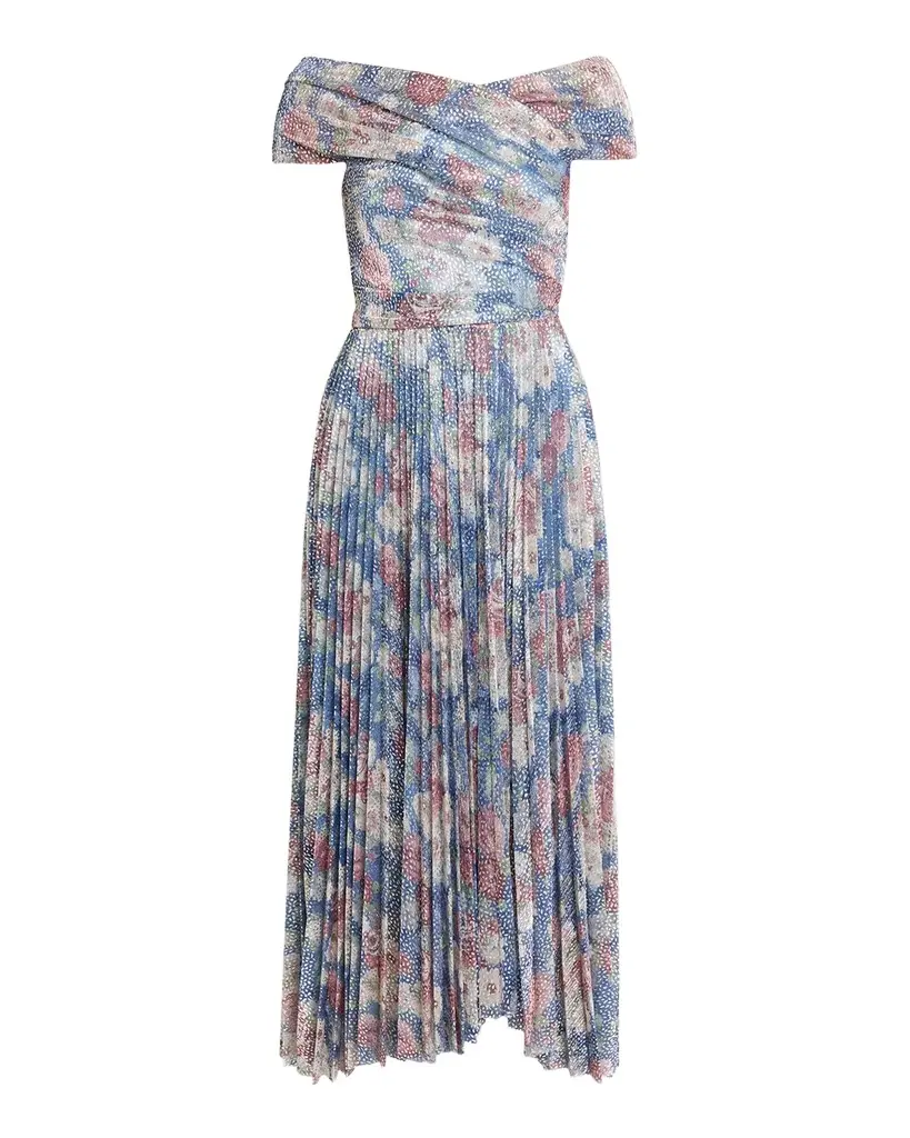 Talbot Runhof Off-The-Shoulder Metallic Floral Voile Pleated Midi Cocktail Dress | Image 1 Talbot Runhof Off-The-Shoulder Metallic Floral Voile Pleated Midi Cocktail Dress | Image 1