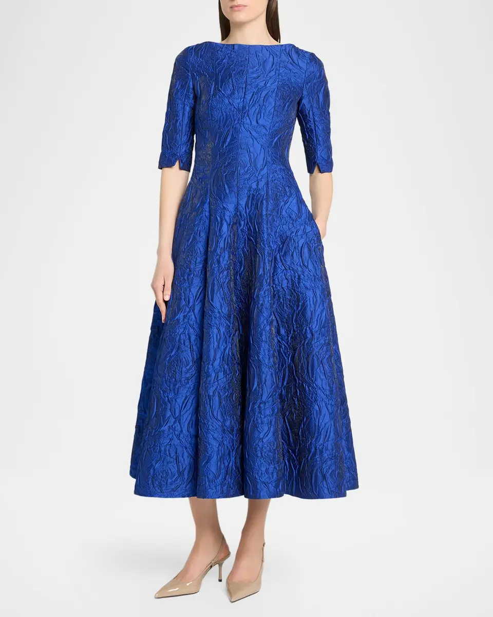 Talbot Runhof Boat-Neck Poiret Rose Jacquard Midi Cocktail Dress | Thumbnail 4 Talbot Runhof Boat-Neck Poiret Rose Jacquard Midi Cocktail Dress | Thumbnail 4