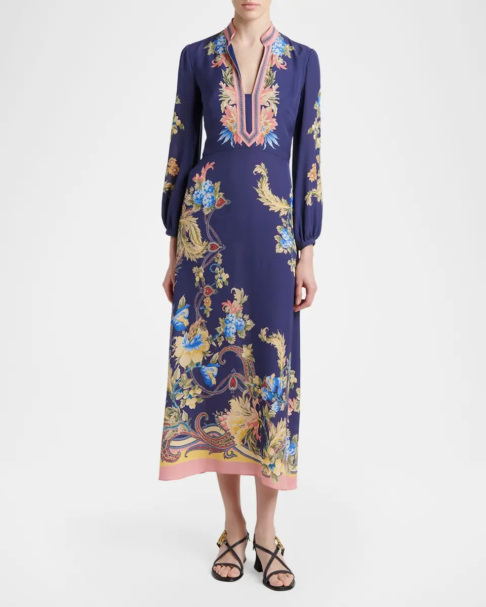 Etro V-Neck Floral-Print Long-Sleeve Midi Dress | Thumbnail 2 Etro V-Neck Floral-Print Long-Sleeve Midi Dress | Thumbnail 2