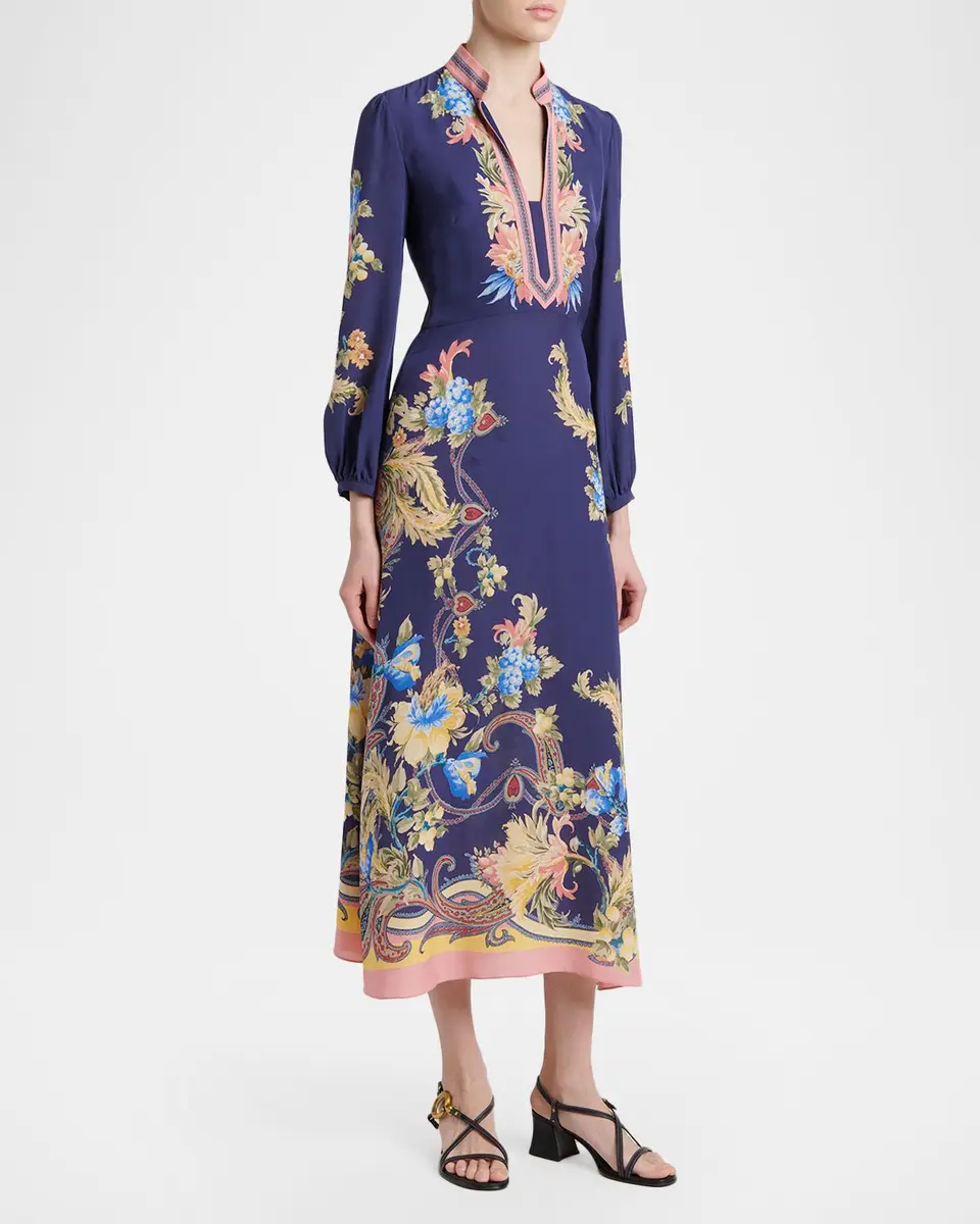 Etro V-Neck Floral-Print Long-Sleeve Midi Dress | Thumbnail 4 Etro V-Neck Floral-Print Long-Sleeve Midi Dress | Thumbnail 4