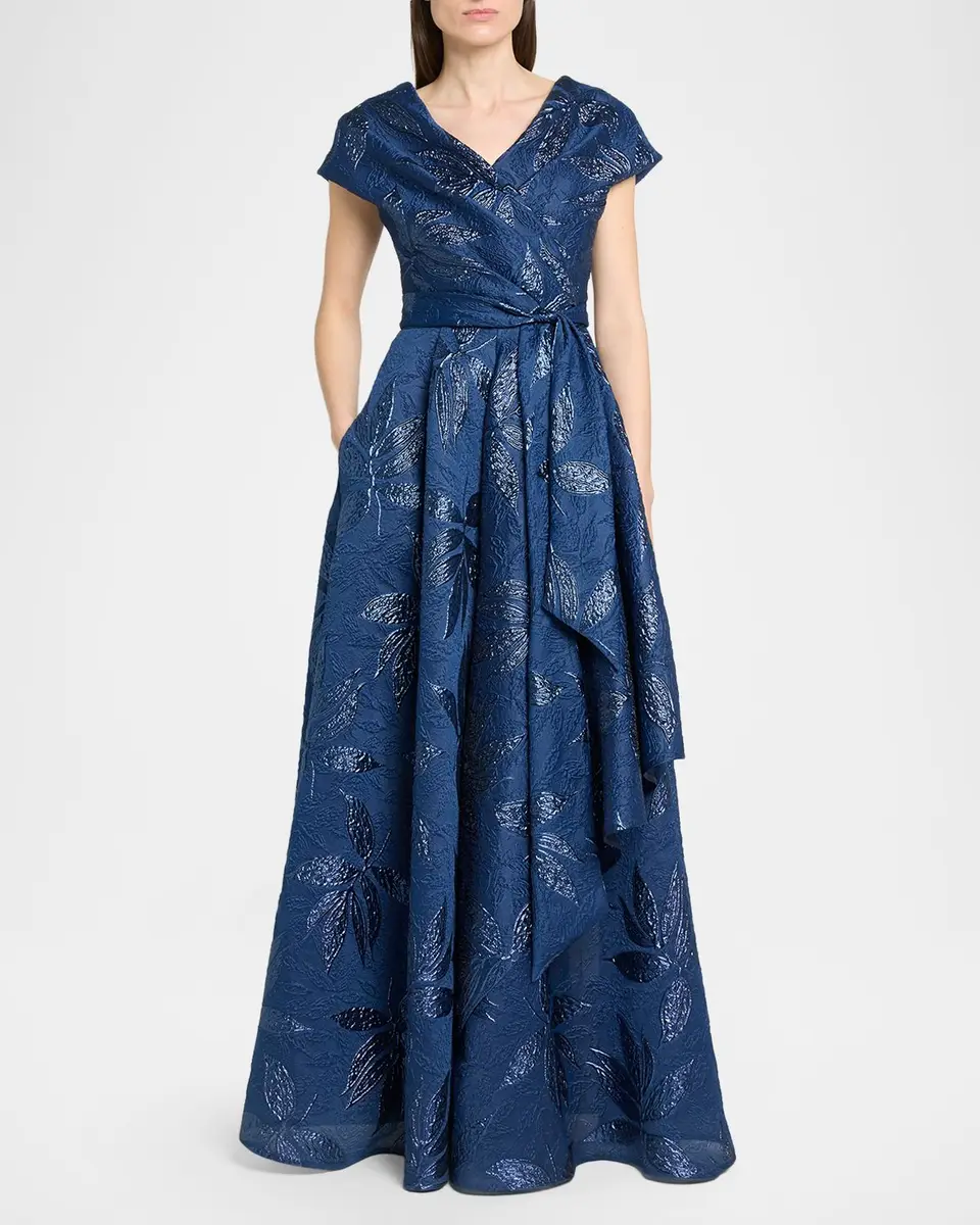 Talbot Runhof Draped Metallic Peony Jacquard Cap-Sleeve Gown | Thumbnail 2 Talbot Runhof Draped Metallic Peony Jacquard Cap-Sleeve Gown | Thumbnail 2
