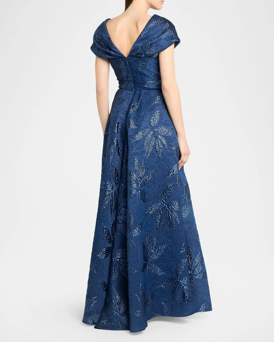 Talbot Runhof Draped Metallic Peony Jacquard Cap-Sleeve Gown | Thumbnail 3 Talbot Runhof Draped Metallic Peony Jacquard Cap-Sleeve Gown | Thumbnail 3