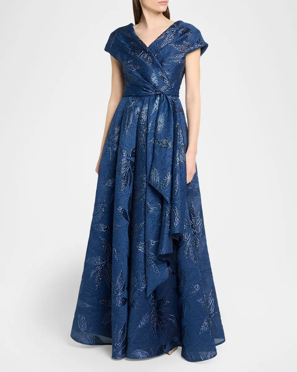 Talbot Runhof Draped Metallic Peony Jacquard Cap-Sleeve Gown | Thumbnail 4 Talbot Runhof Draped Metallic Peony Jacquard Cap-Sleeve Gown | Thumbnail 4