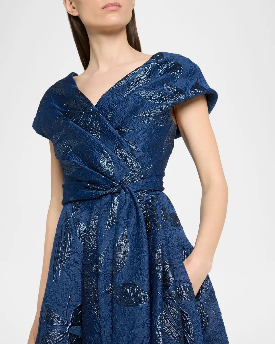 Talbot Runhof Draped Metallic Peony Jacquard Cap-Sleeve Gown | Thumbnail 5 Talbot Runhof Draped Metallic Peony Jacquard Cap-Sleeve Gown | Thumbnail 5