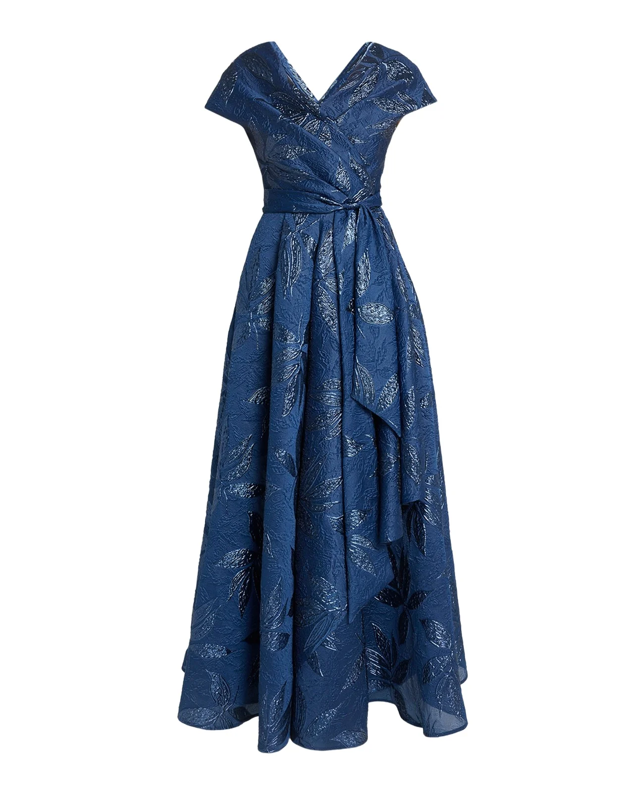 Draped Metallic Peony Jacquard Cap-Sleeve Gown Draped Metallic Peony Jacquard Cap-Sleeve Gown