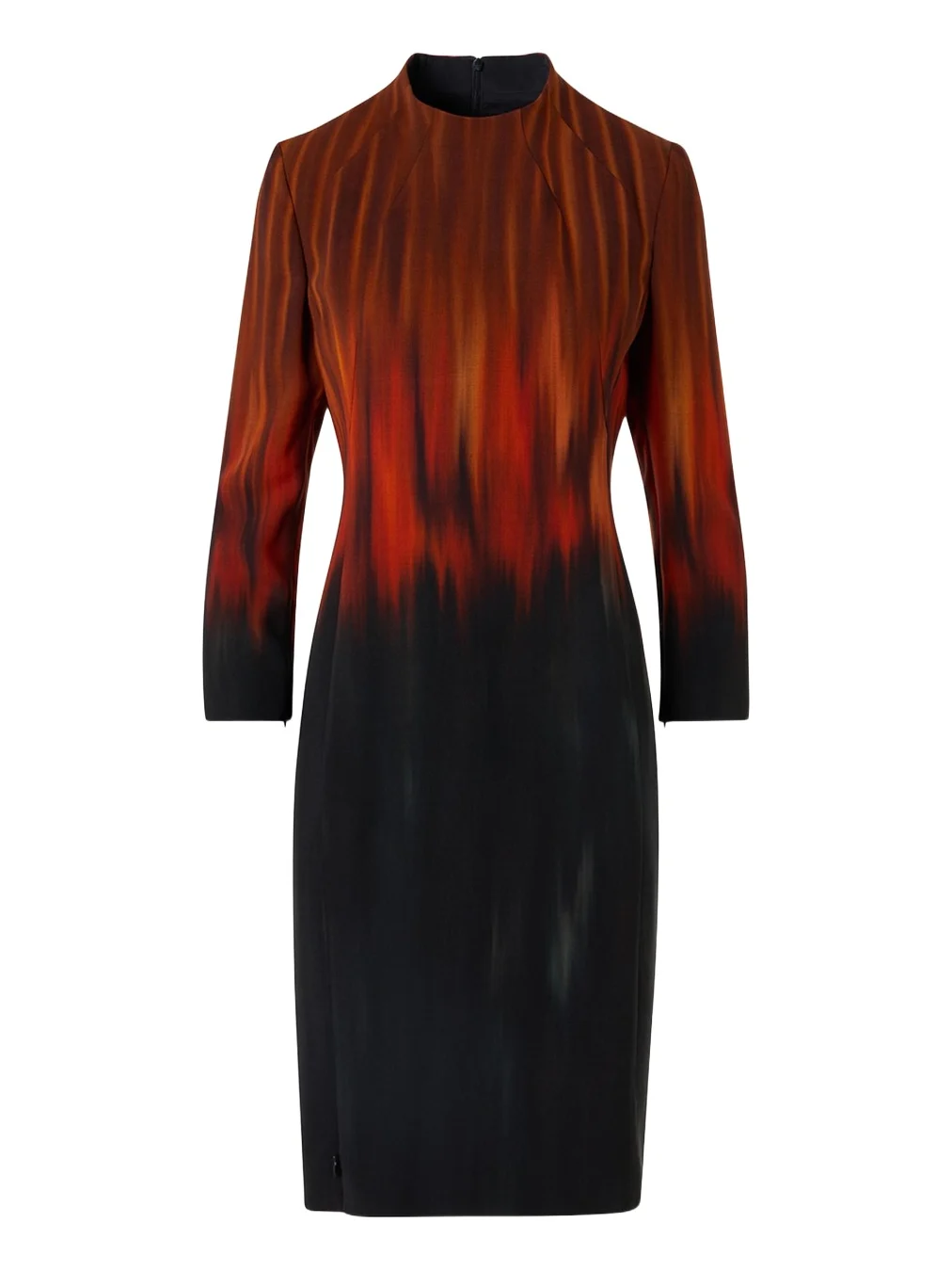 Akris Fuego-Print Long-Sleeve Wool Double-Face Slit Dress