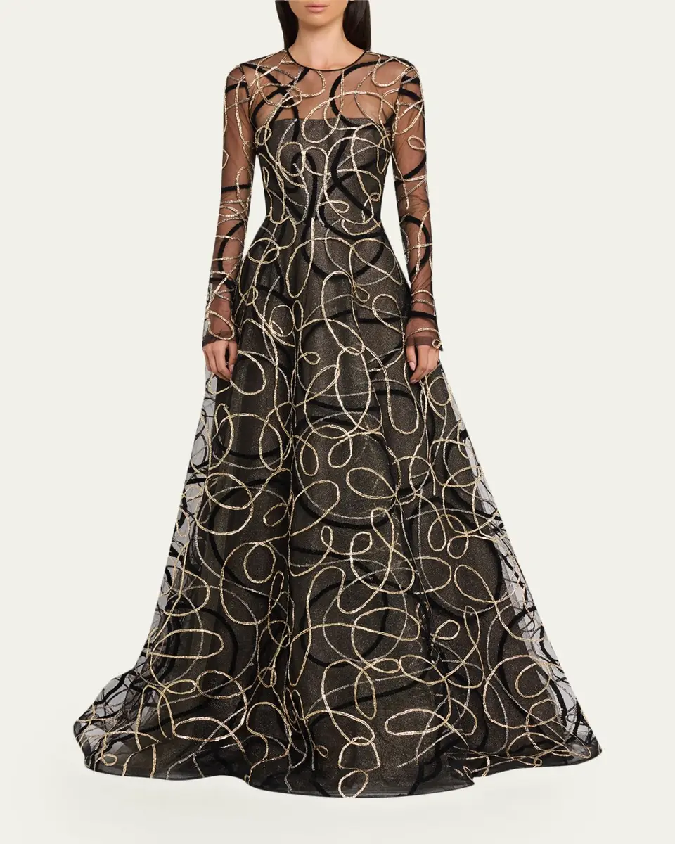 Naeem Khan Metallic Raffia Jewel-Neck Long-Sleeve Gown | Thumbnail 2 Naeem Khan Metallic Raffia Jewel-Neck Long-Sleeve Gown | Thumbnail 2