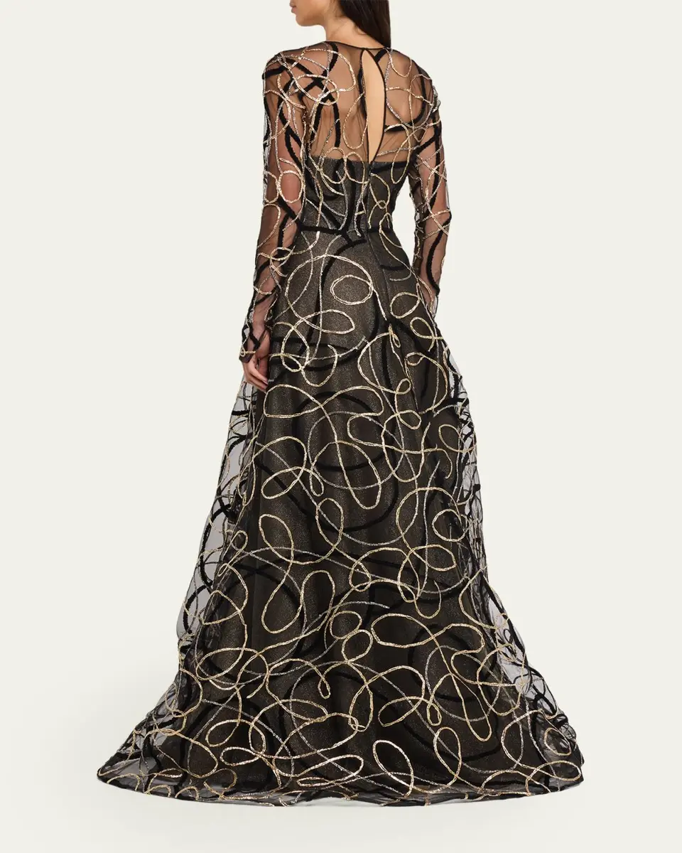 Naeem Khan Metallic Raffia Jewel-Neck Long-Sleeve Gown | Thumbnail 3 Naeem Khan Metallic Raffia Jewel-Neck Long-Sleeve Gown | Thumbnail 3