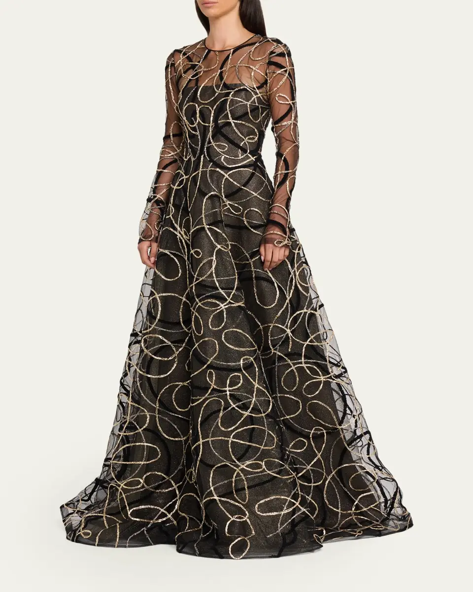 Naeem Khan Metallic Raffia Jewel-Neck Long-Sleeve Gown | Thumbnail 4 Naeem Khan Metallic Raffia Jewel-Neck Long-Sleeve Gown | Thumbnail 4