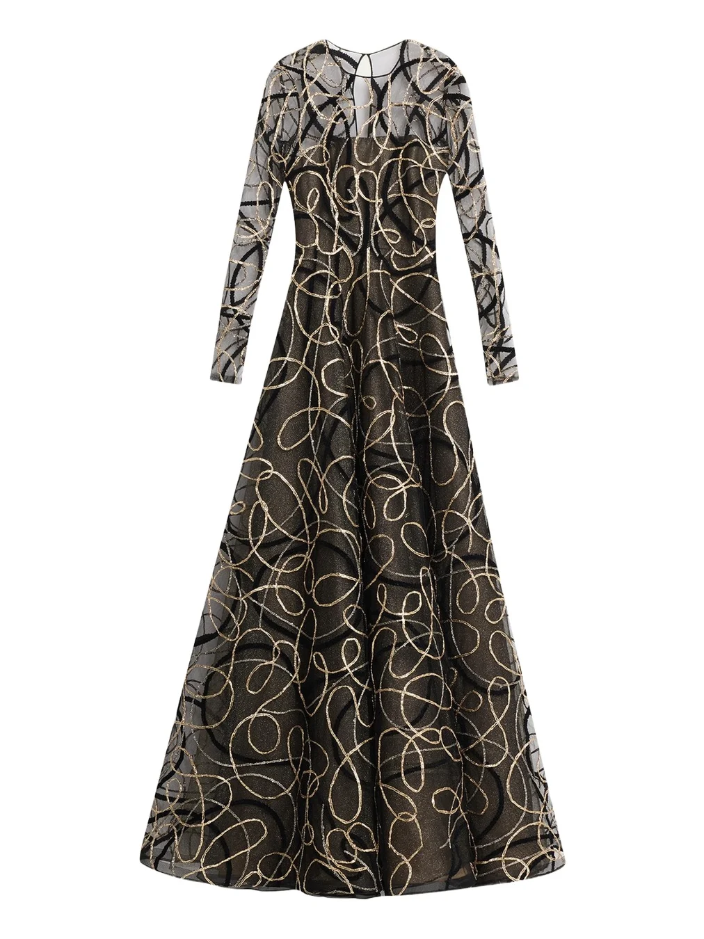 Metallic Raffia Jewel-Neck Long-Sleeve Gown
