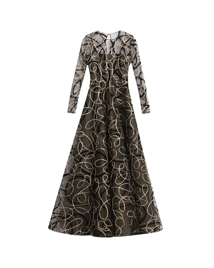 Metallic Raffia Jewel-Neck Long-Sleeve Gown Metallic Raffia Jewel-Neck Long-Sleeve Gown
