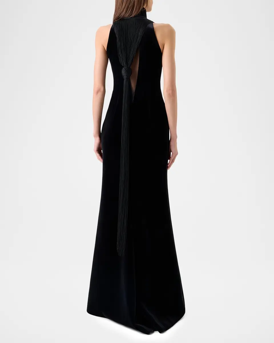 Akris Mock-Neck Fringe Knot Sleeveless Velvet Trumpet Gown | Thumbnail 3