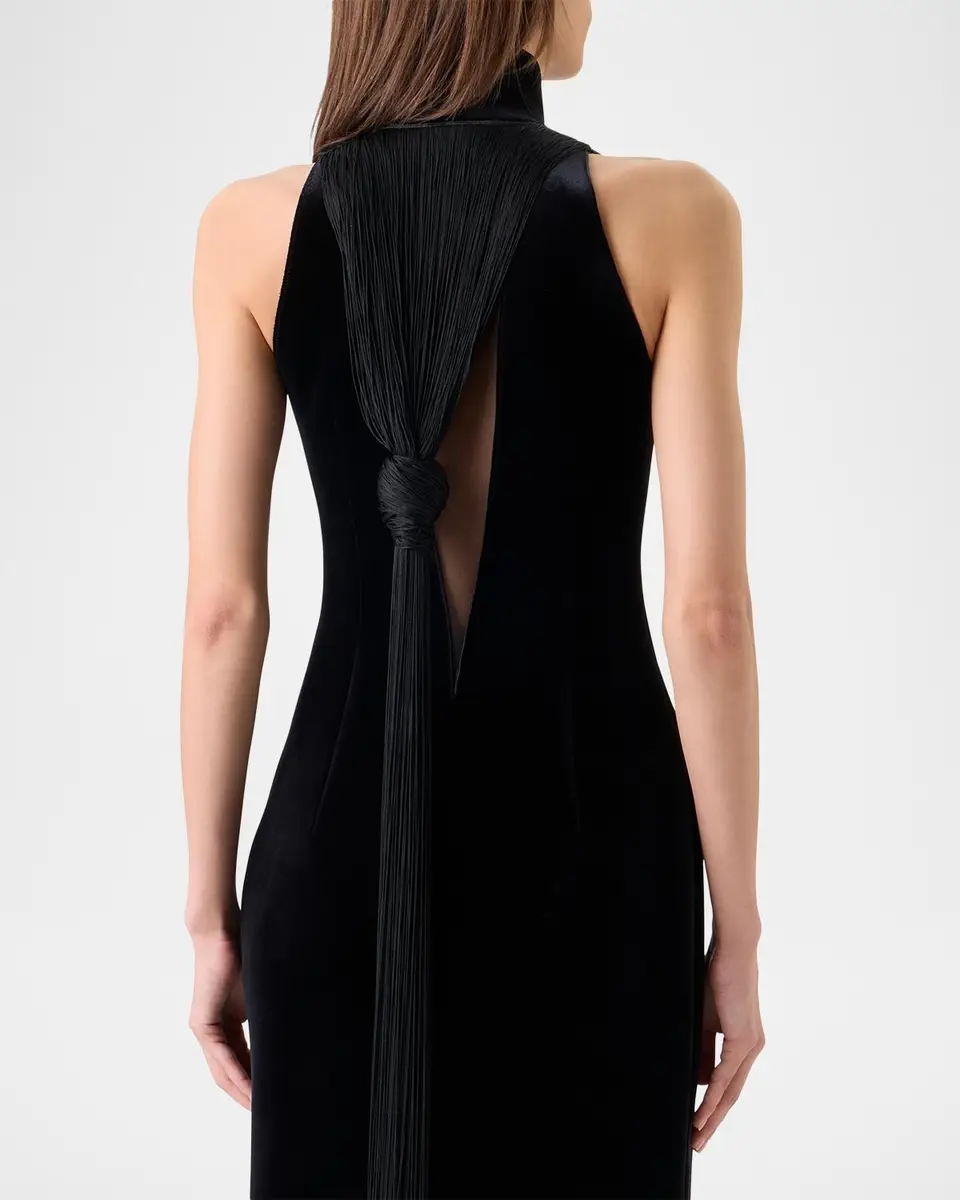 Akris Mock-Neck Fringe Knot Sleeveless Velvet Trumpet Gown | Thumbnail 5