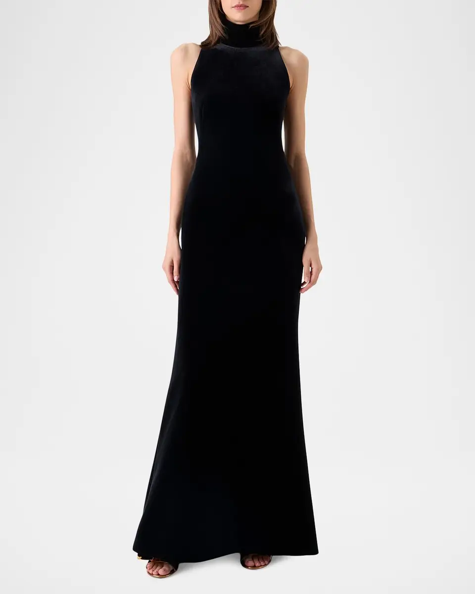 Akris Mock-Neck Fringe Knot Sleeveless Velvet Trumpet Gown | Thumbnail 6