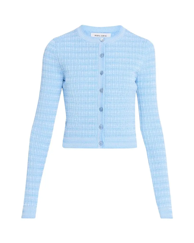 Prabal Gurung Striped Rib Knit Fitted Crewneck Cardigan | Image 1 Prabal Gurung Striped Rib Knit Fitted Crewneck Cardigan | Image 1