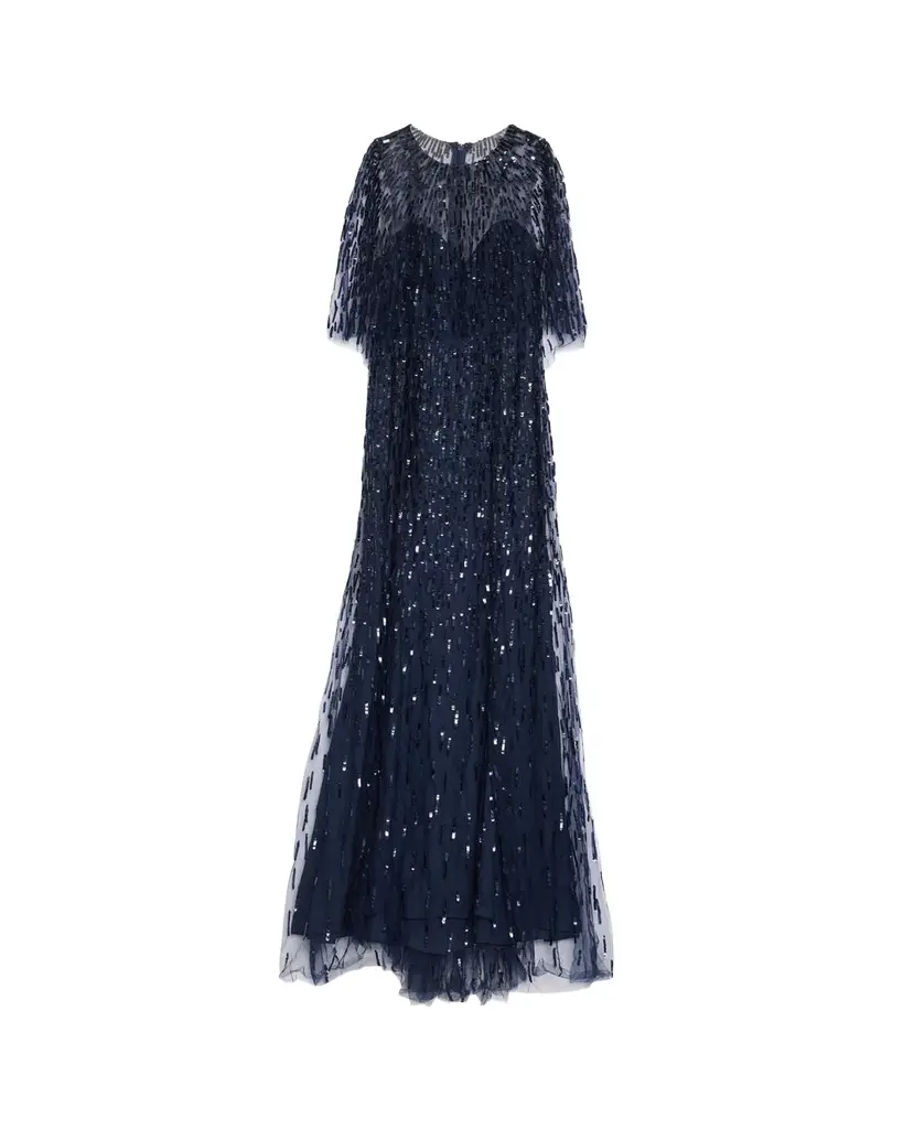 Monique Lhuillier Sequined Tulle Capelet Trumpet Gown | Image 1 Monique Lhuillier Sequined Tulle Capelet Trumpet Gown | Image 1