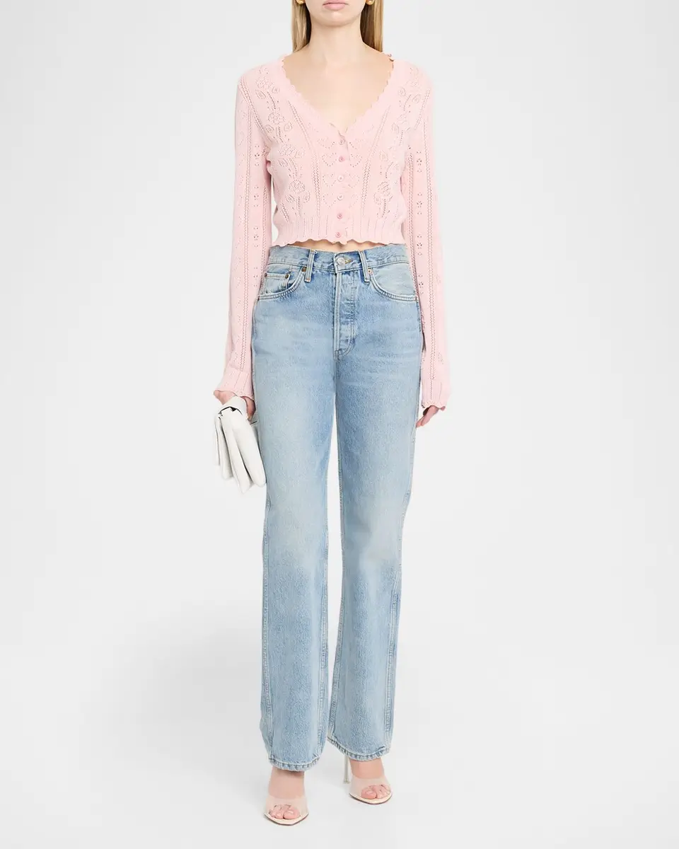 LoveShackFancy Sibella Pointelle Knit Crop V-Neck Cardigan | Thumbnail 2 LoveShackFancy Sibella Pointelle Knit Crop V-Neck Cardigan | Thumbnail 2