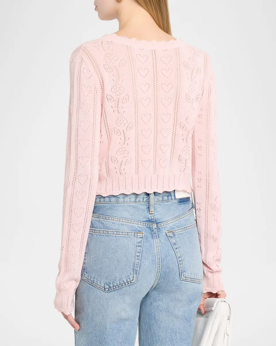 LoveShackFancy Sibella Pointelle Knit Crop V-Neck Cardigan | Thumbnail 3 LoveShackFancy Sibella Pointelle Knit Crop V-Neck Cardigan | Thumbnail 3