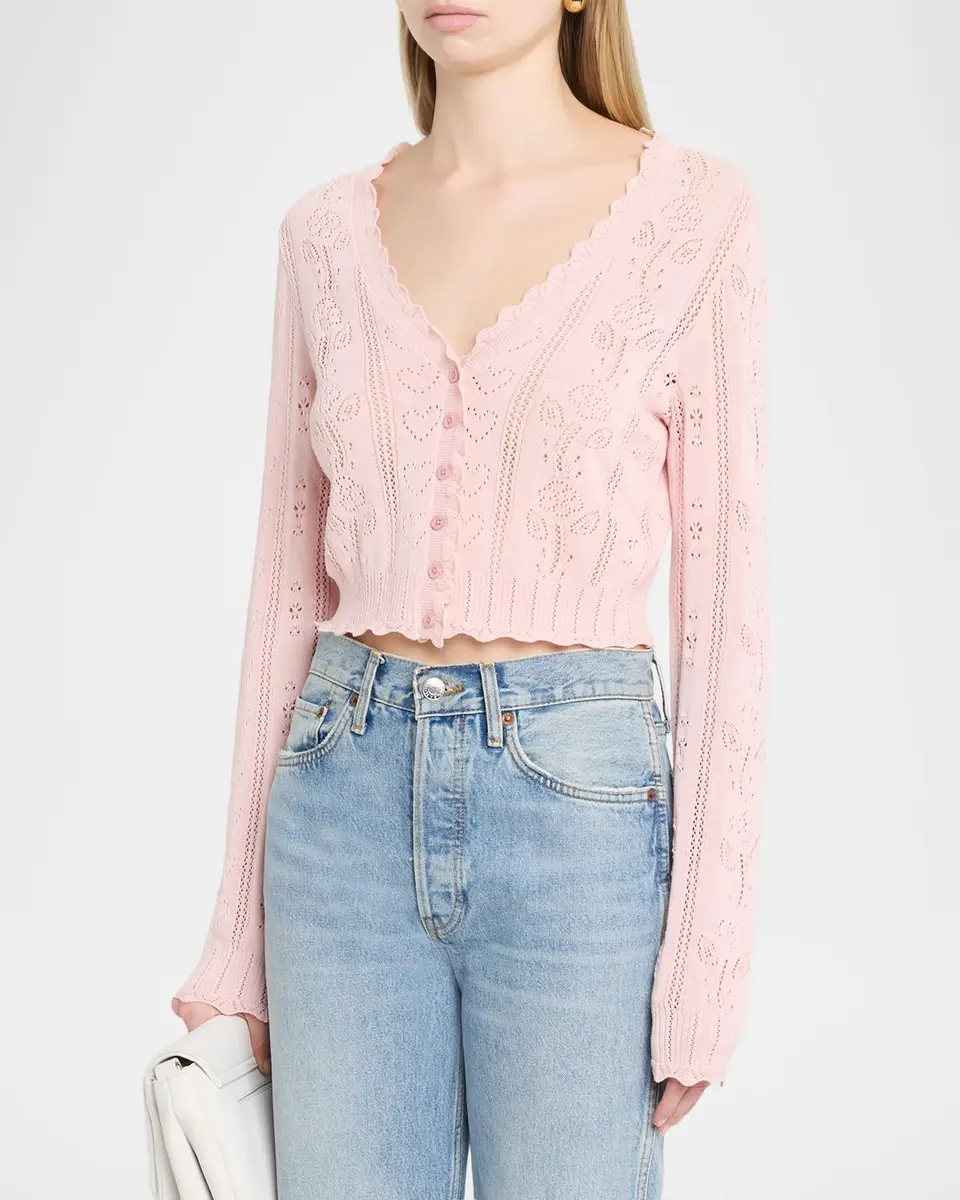 LoveShackFancy Sibella Pointelle Knit Crop V-Neck Cardigan | Thumbnail 4 LoveShackFancy Sibella Pointelle Knit Crop V-Neck Cardigan | Thumbnail 4
