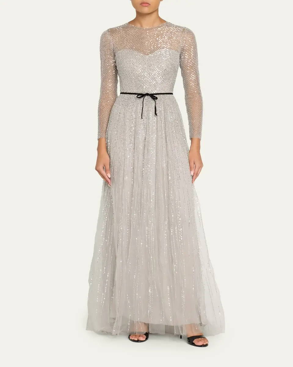 MONIQUE LHUILLIER Embellished Tulle Long-Sleeve Illusion Gown | Thumbnail 2 MONIQUE LHUILLIER Embellished Tulle Long-Sleeve Illusion Gown | Thumbnail 2
