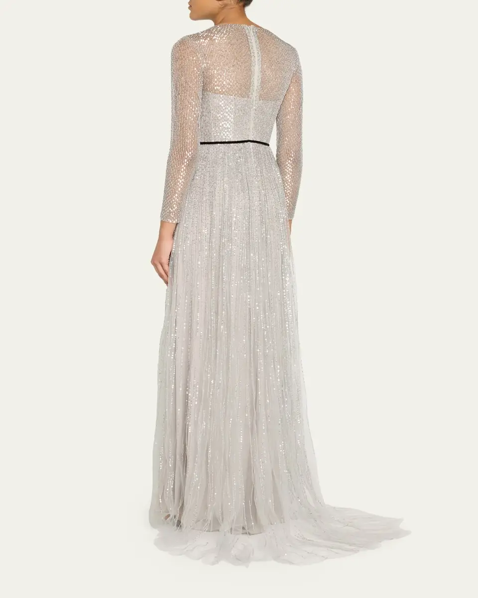 MONIQUE LHUILLIER Embellished Tulle Long-Sleeve Illusion Gown | Thumbnail 3 MONIQUE LHUILLIER Embellished Tulle Long-Sleeve Illusion Gown | Thumbnail 3