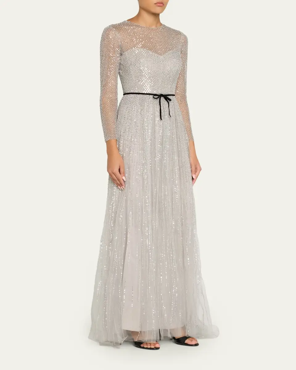 MONIQUE LHUILLIER Embellished Tulle Long-Sleeve Illusion Gown | Thumbnail 4 MONIQUE LHUILLIER Embellished Tulle Long-Sleeve Illusion Gown | Thumbnail 4