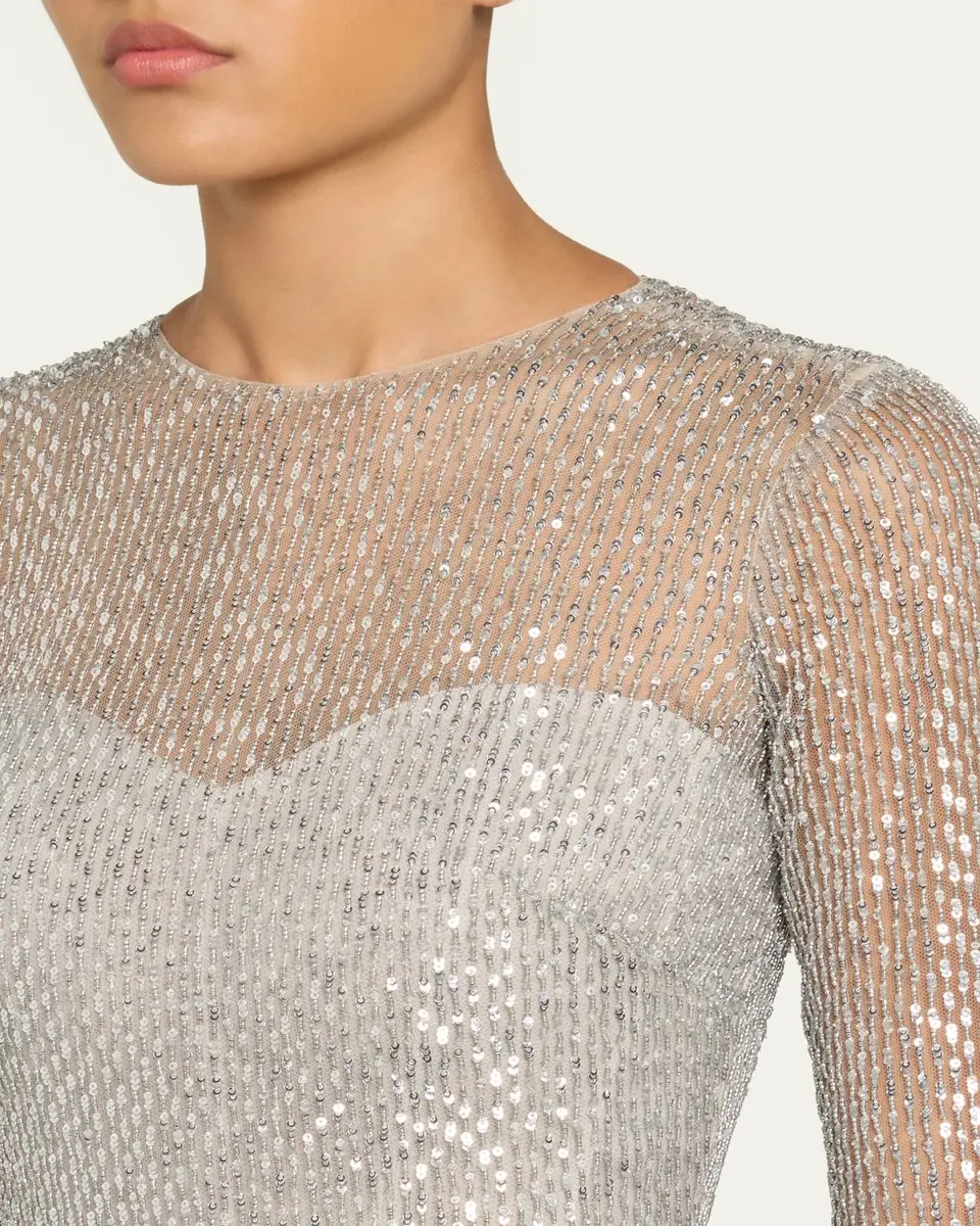 MONIQUE LHUILLIER Embellished Tulle Long-Sleeve Illusion Gown | Thumbnail 5 MONIQUE LHUILLIER Embellished Tulle Long-Sleeve Illusion Gown | Thumbnail 5