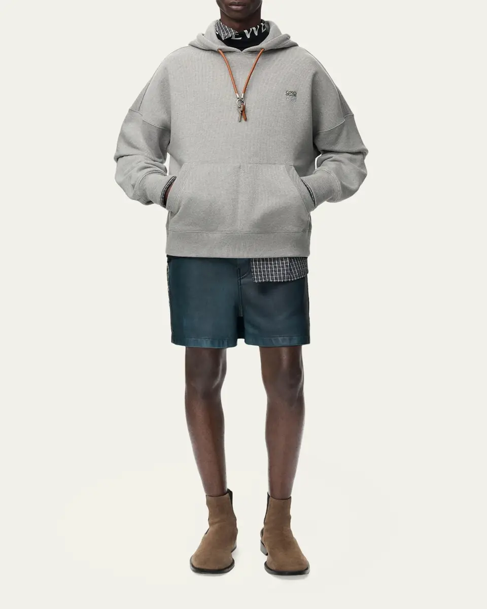 Loewe Men's Relaxed Fit Fleece Leather-Drawstring Hoodie | Thumbnail 2
