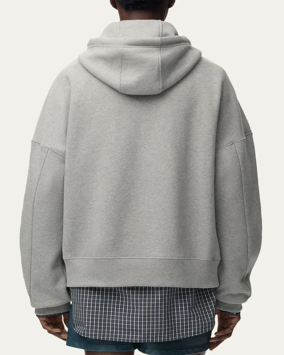 Loewe Men's Relaxed Fit Fleece Leather-Drawstring Hoodie | Thumbnail 3