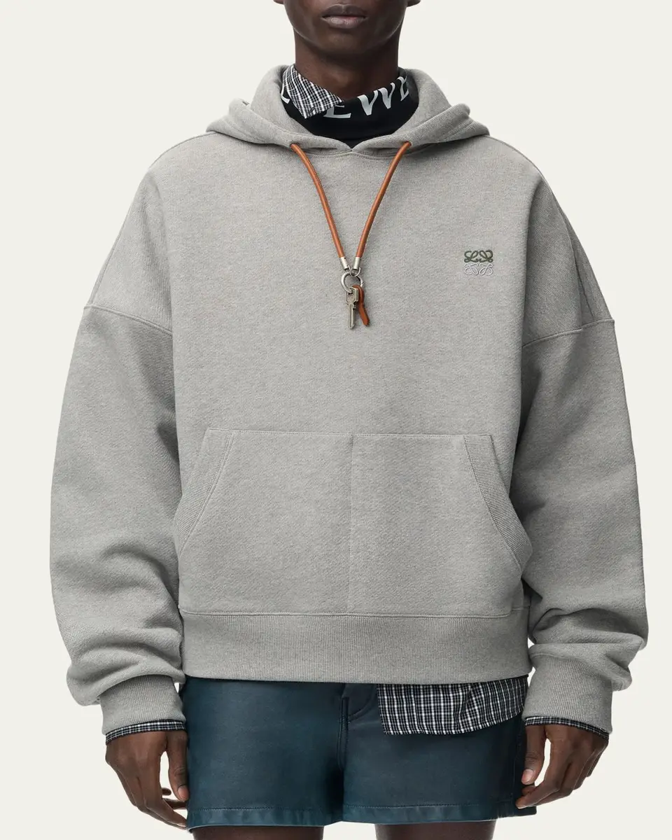 Loewe Men's Relaxed Fit Fleece Leather-Drawstring Hoodie | Thumbnail 4