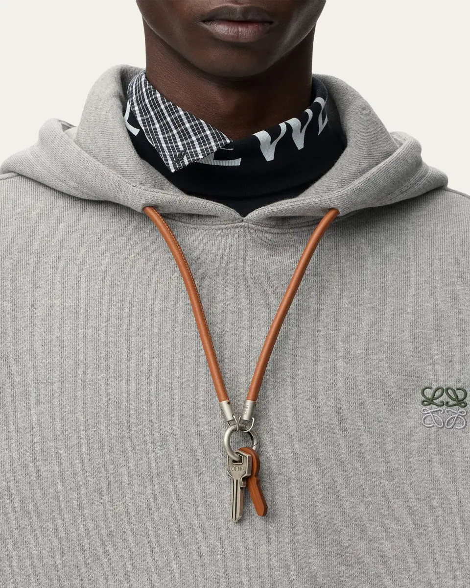 Loewe Men's Relaxed Fit Fleece Leather-Drawstring Hoodie | Thumbnail 5