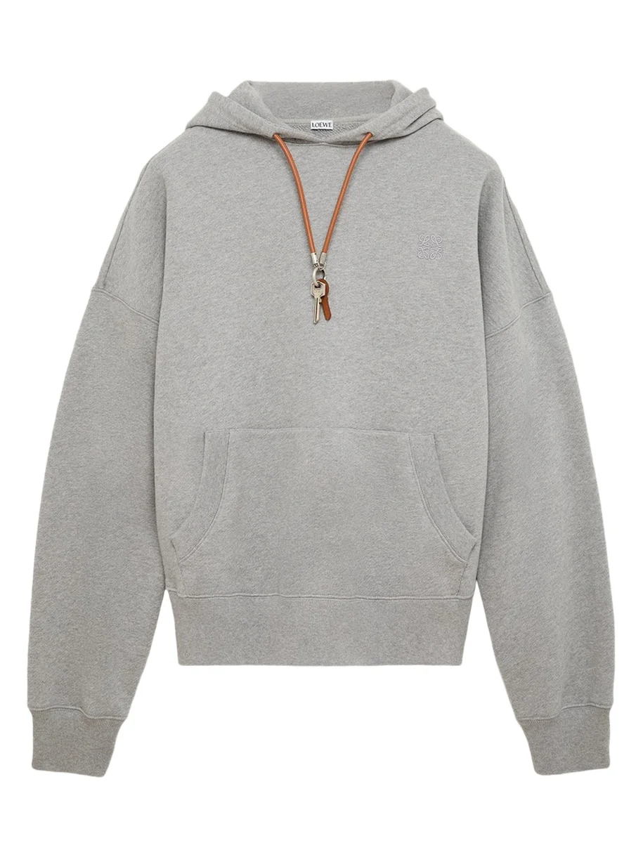 Loewe Men's Relaxed Fit Fleece Leather-Drawstring Hoodie