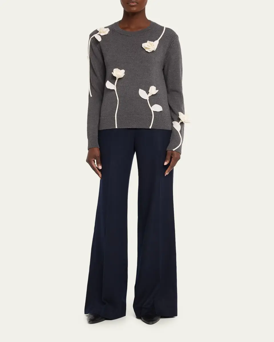 Lafayette 148 New York Floral Applique Crewneck Wool Sweater | Thumbnail 2 Lafayette 148 New York Floral Applique Crewneck Wool Sweater | Thumbnail 2