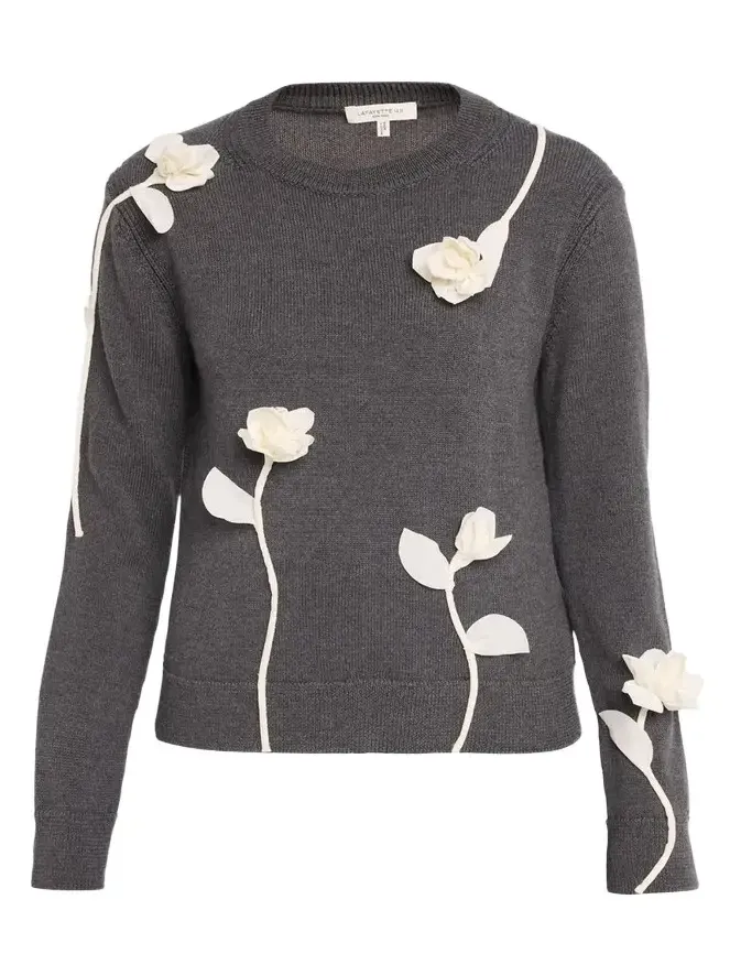 Floral Applique Crewneck Wool Sweater Floral Applique Crewneck Wool Sweater