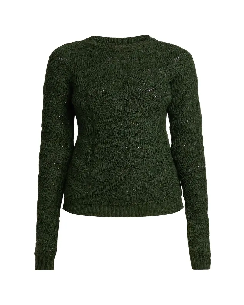 Wool-Blend Pointelle Cable Knit Crewneck Sweater Wool-Blend Pointelle Cable Knit Crewneck Sweater