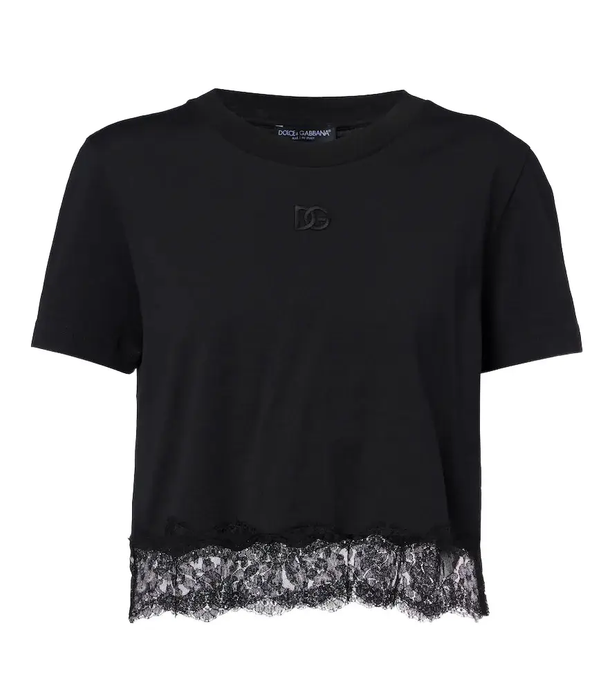 Dolce & Gabbana DG lace-trimmed cotton-blend T-shirt | Image 1 Dolce & Gabbana DG lace-trimmed cotton-blend T-shirt | Image 1