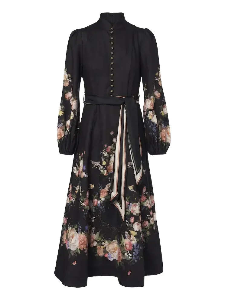 Valiant belted floral linen midi dress Valiant belted floral linen midi dress