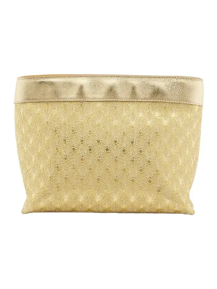 Mini leather-trimmed lamé pouch