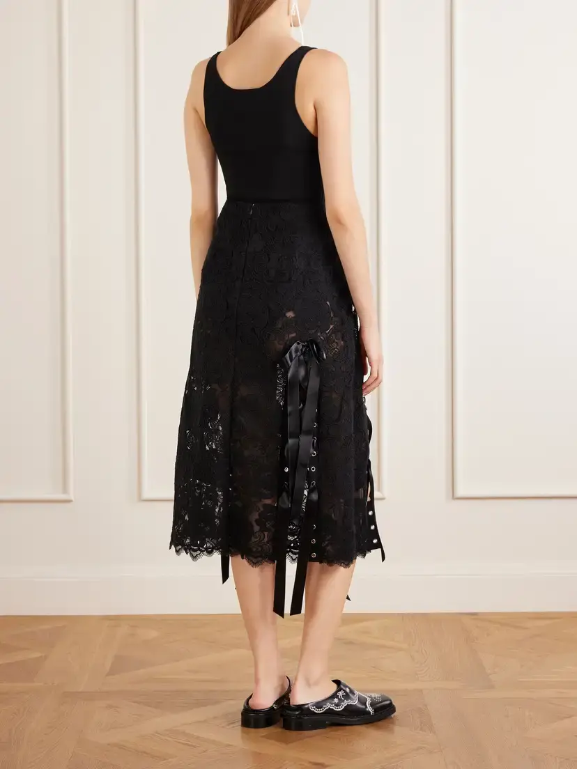 Simone Rocha Unraveling Ribbon Ring Asymmetric Embellished Lace And Satin Midi Skirt | Thumbnail 4 Simone Rocha Unraveling Ribbon Ring Asymmetric Embellished Lace And Satin Midi Skirt | Thumbnail 4
