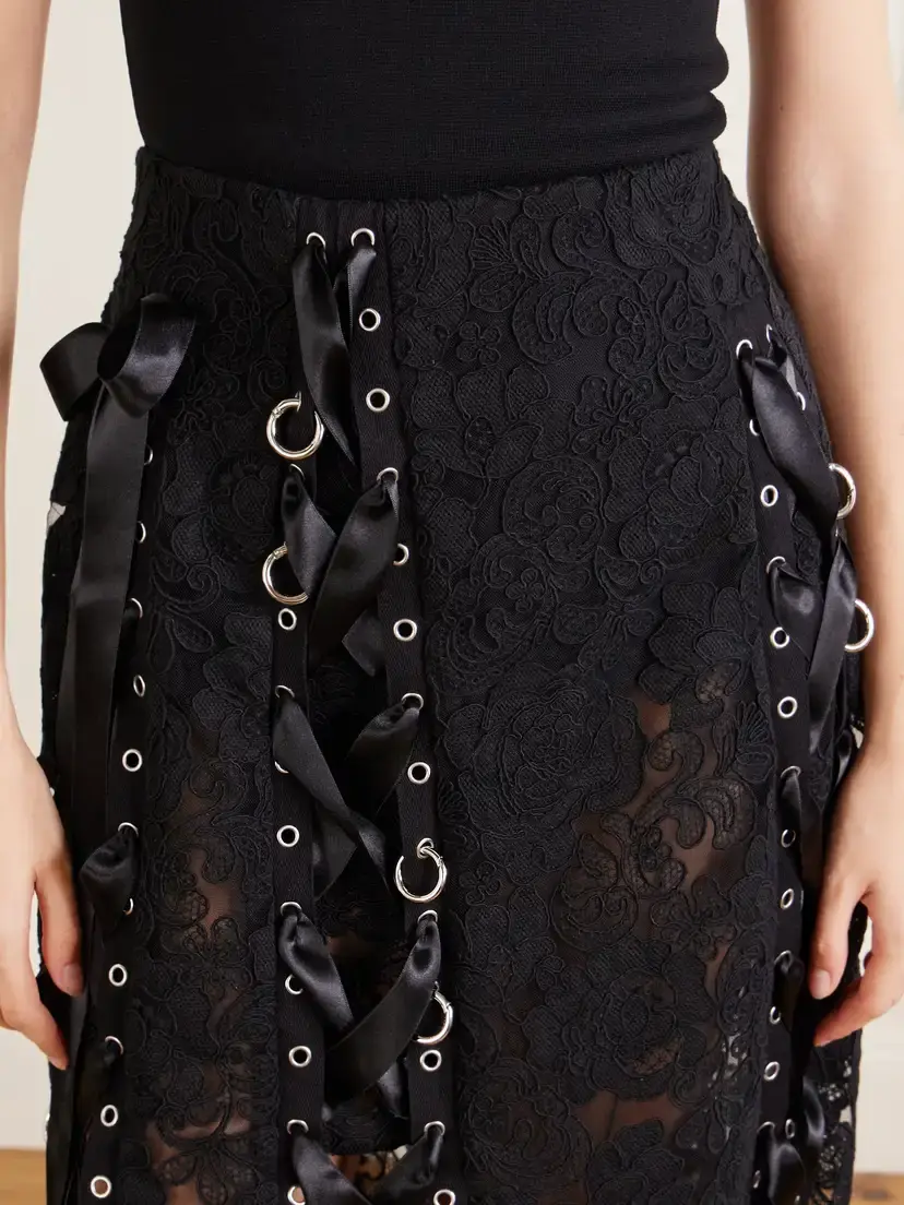 Simone Rocha Unraveling Ribbon Ring Asymmetric Embellished Lace And Satin Midi Skirt | Thumbnail 5 Simone Rocha Unraveling Ribbon Ring Asymmetric Embellished Lace And Satin Midi Skirt | Thumbnail 5