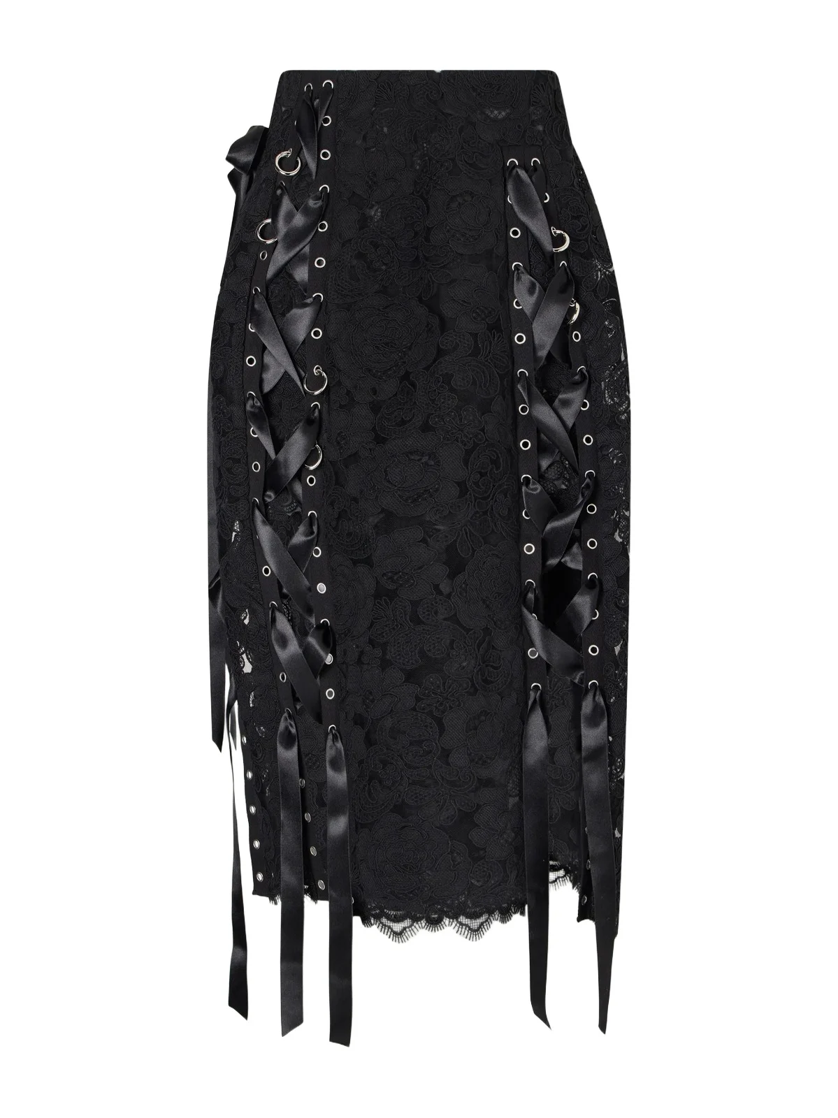 Simone Rocha Unraveling Ribbon Ring Asymmetric Embellished Lace And Satin Midi Skirt