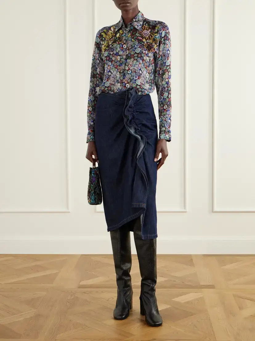 Dries Van Noten Ruffle-detailed Draped Denim Midi Skirt | Thumbnail 2