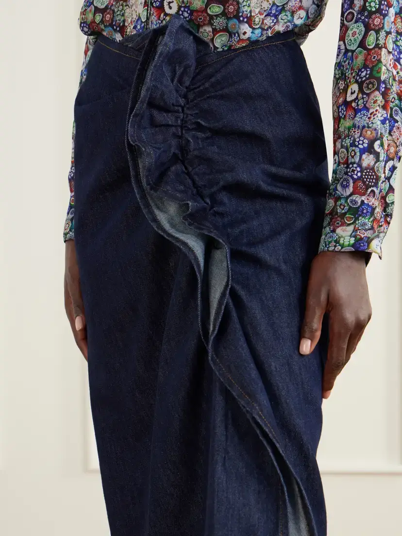 Dries Van Noten Ruffle-detailed Draped Denim Midi Skirt | Thumbnail 4