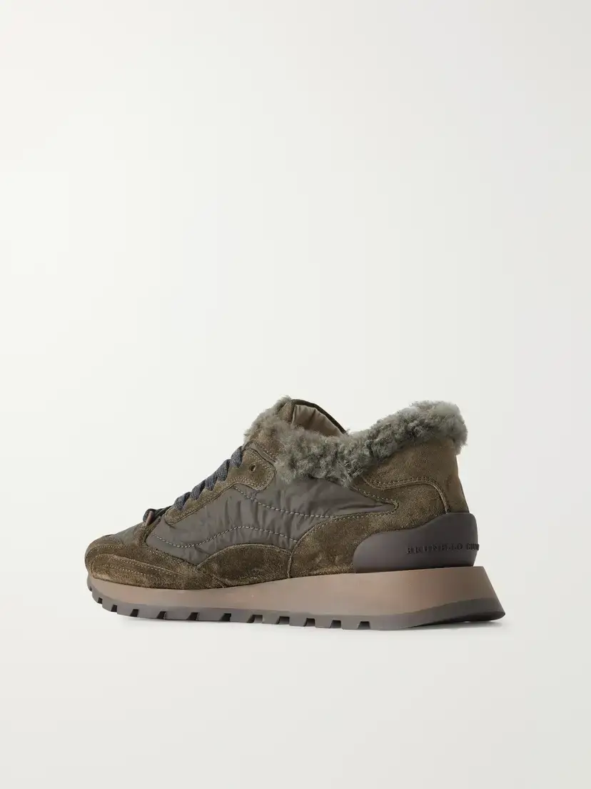 Brunello Cucinelli Shearling-trimmed Shell And Suede Sneakers - Green | Thumbnail 3 Brunello Cucinelli Shearling-trimmed Shell And Suede Sneakers - Green | Thumbnail 3